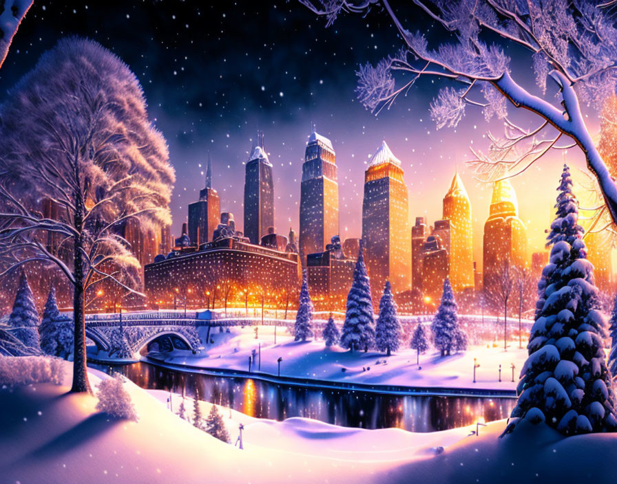 Snow-covered trees, bridge, city skyline, and starry sky in winter night scene