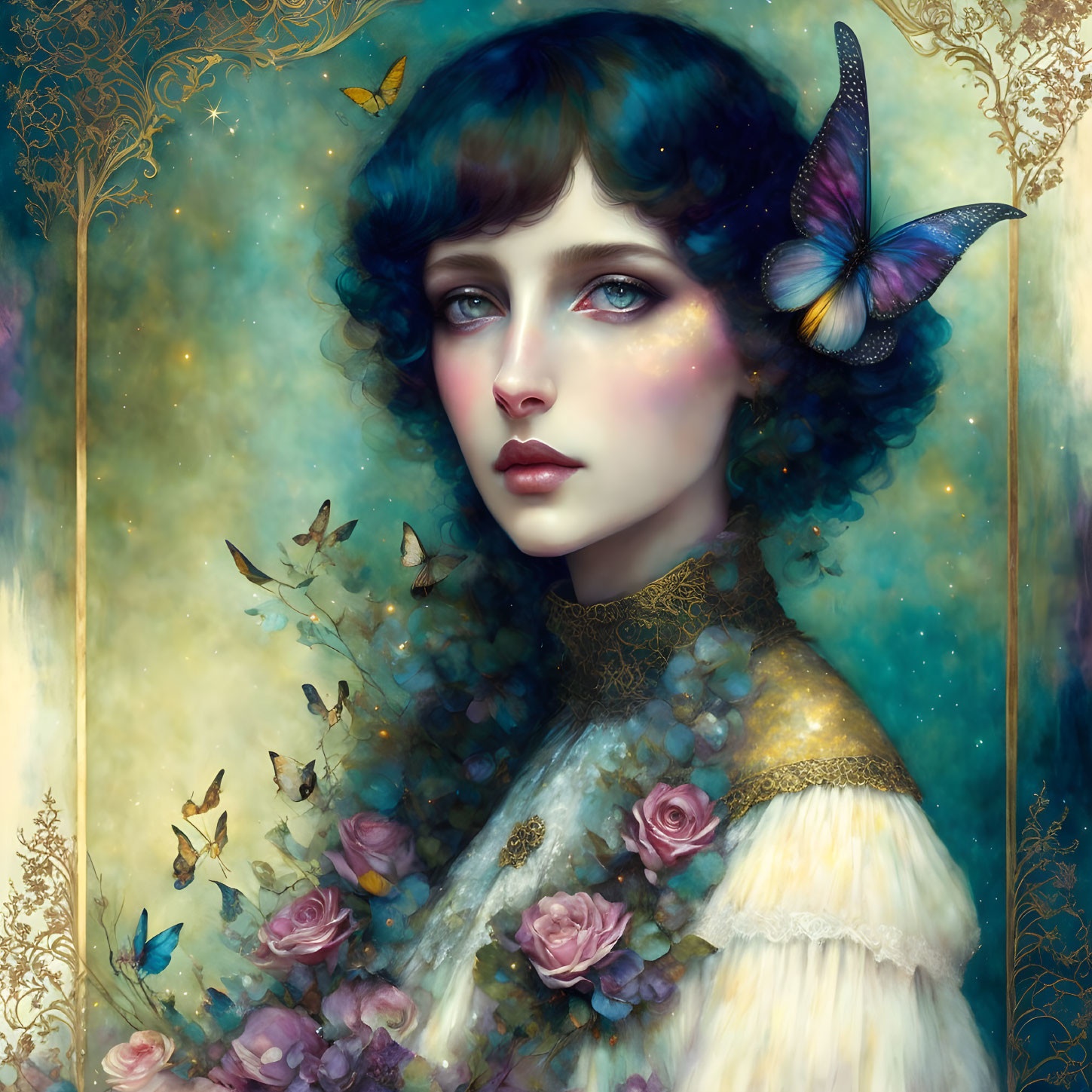 Portrait of woman with blue hair surrounded by butterflies in floral setting.