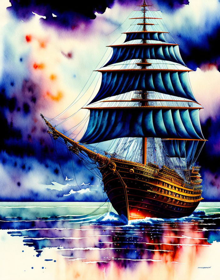 Vibrant painting of grand ship with blue sails on serene waters at dusk