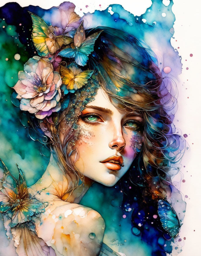 Vibrant Watercolor Art: Woman with Flowers and Butterflies