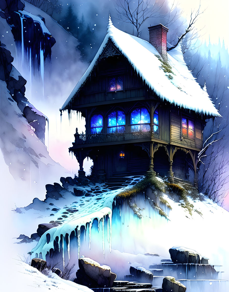 Snowy Twilight Scene: Two-Story Cabin in Winter Landscape