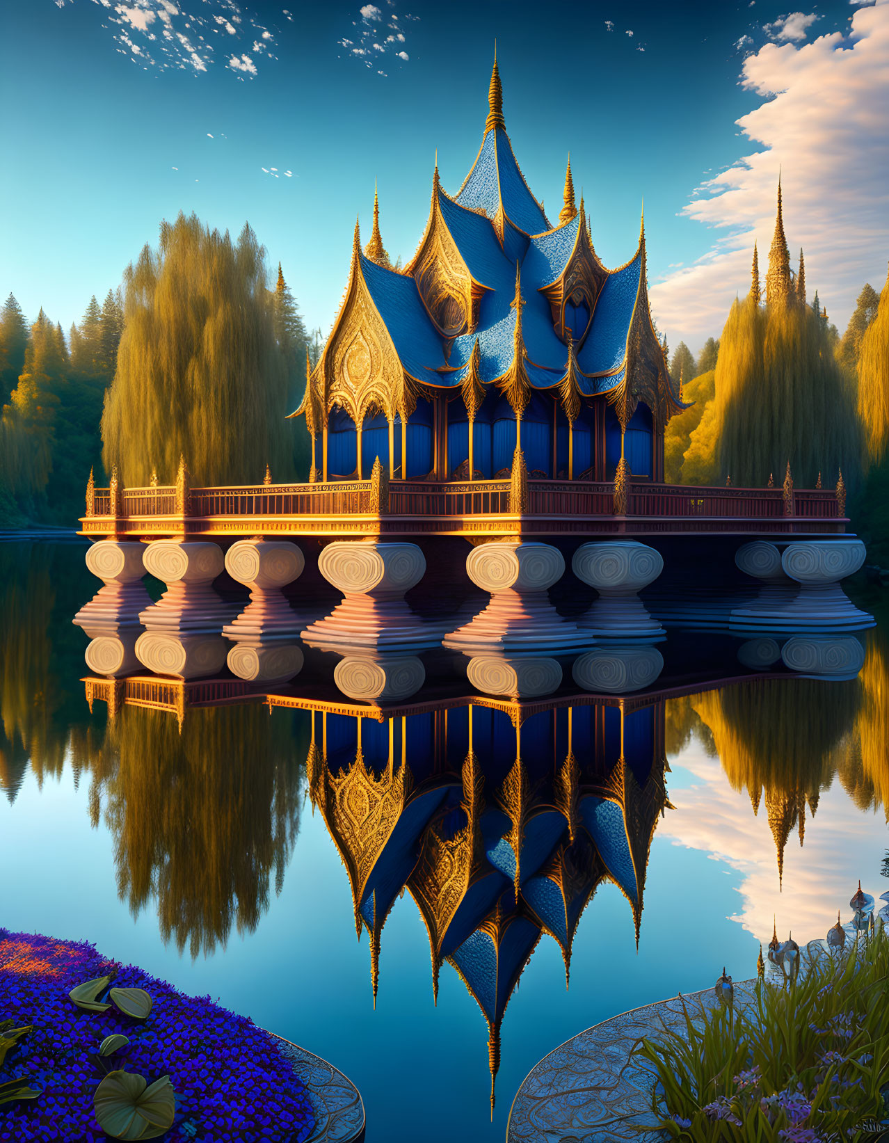 Traditional Thai-style Pavilion with Blue Roofs Reflecting on Tranquil Lake