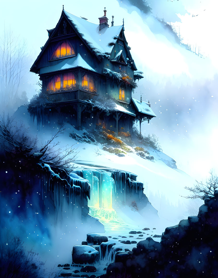 Snowy cliff house with frozen waterfall in serene winter landscape