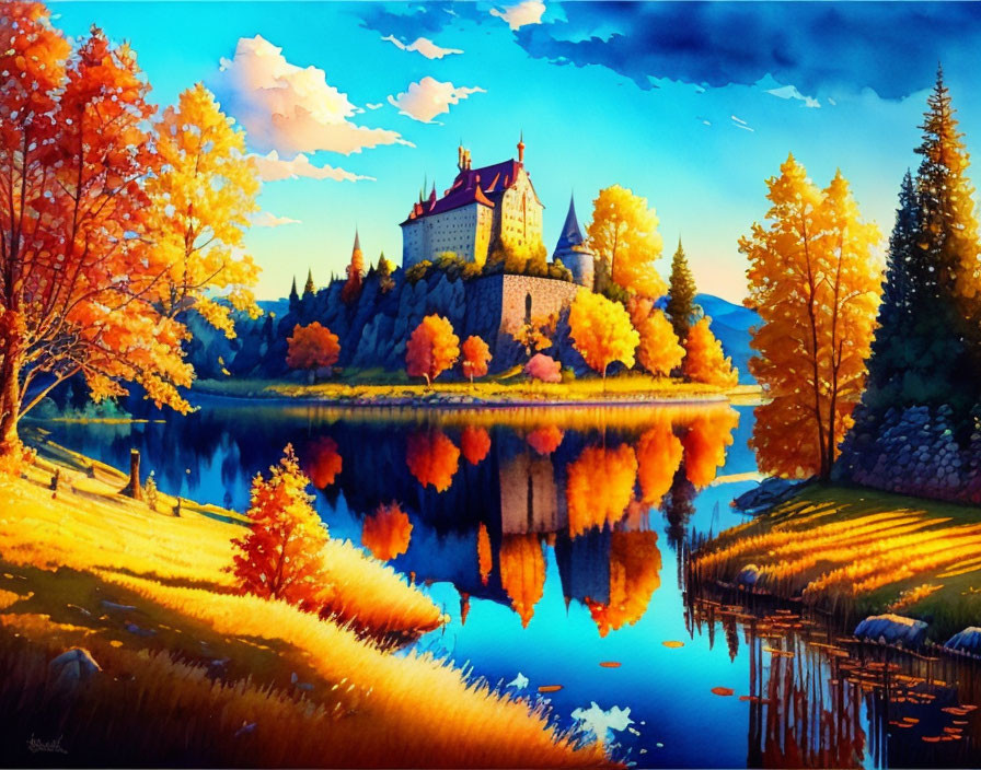 Colorful Autumn Castle Reflection in Lake Amidst Trees