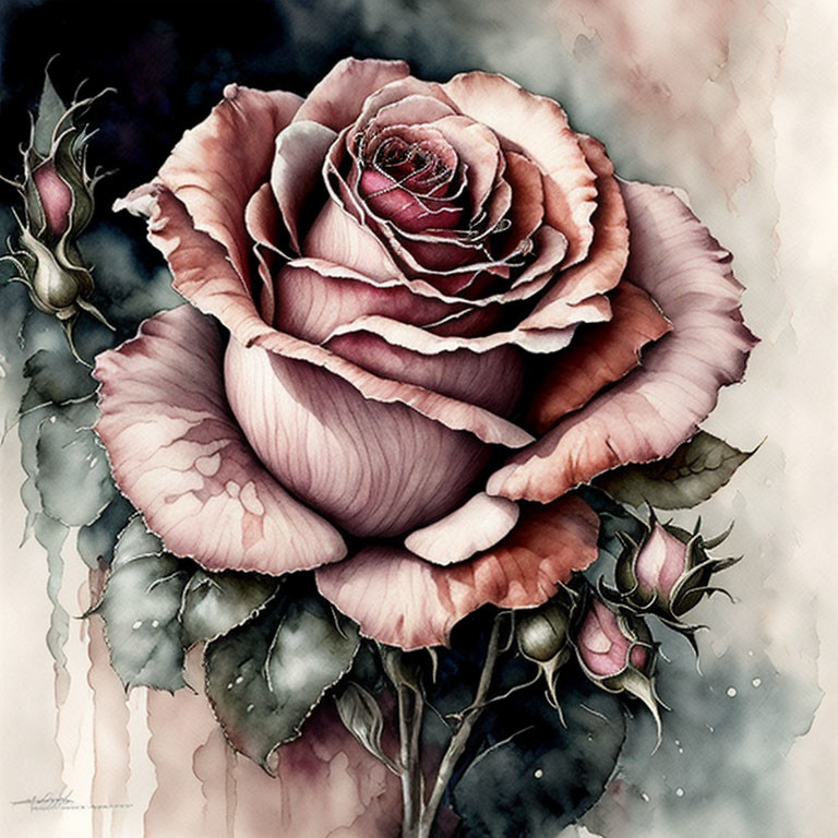 Pink and Cream Rose Watercolor Painting with Detailed Petals and Green Leaves