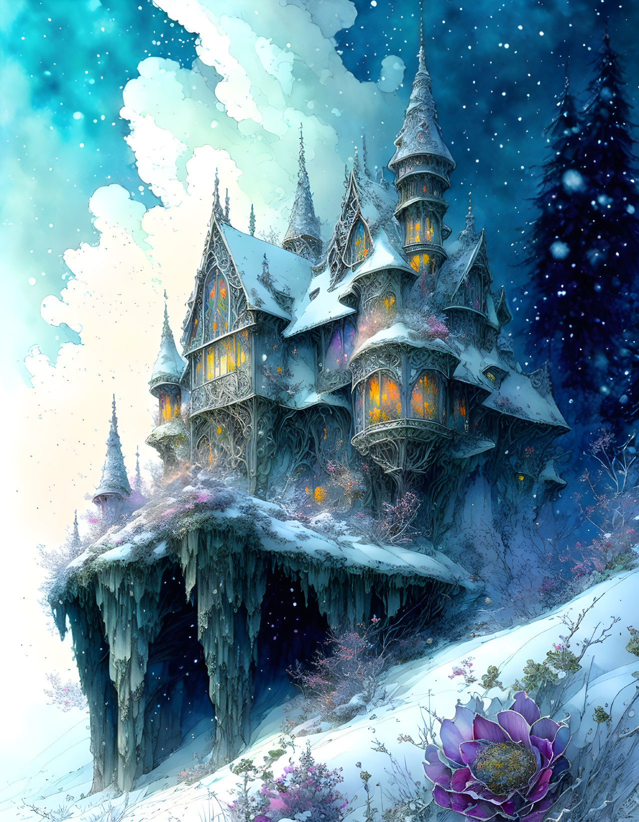 Illuminated fantasy house on snowy hill under starry winter sky