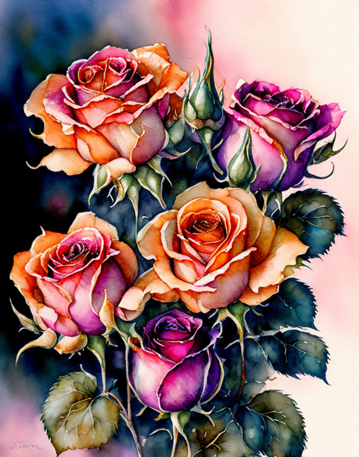 Vibrant watercolor bouquet: purple and orange roses with intricate petals on a soft backdrop