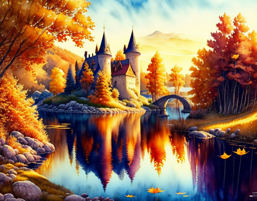 Majestic castle in vibrant autumn landscape with lake and colorful trees