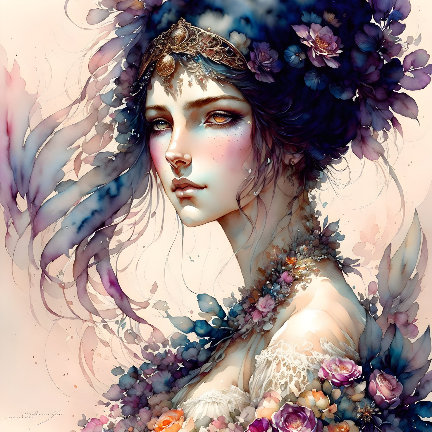 Whimsical illustration of a woman with floral crown and ethereal wings