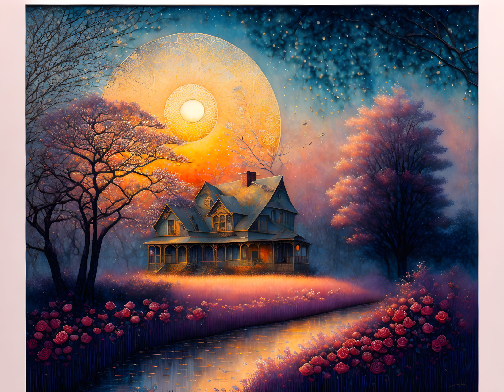 Victorian house painting with moon, trees, and autumn flowers