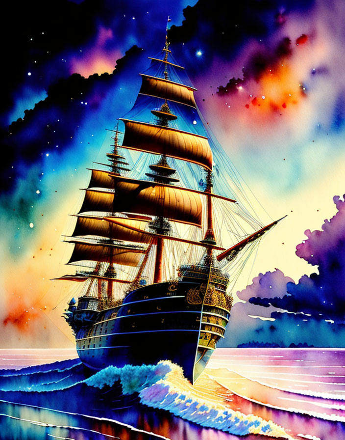 Classic sailing ship painting on high seas with starry night sky.