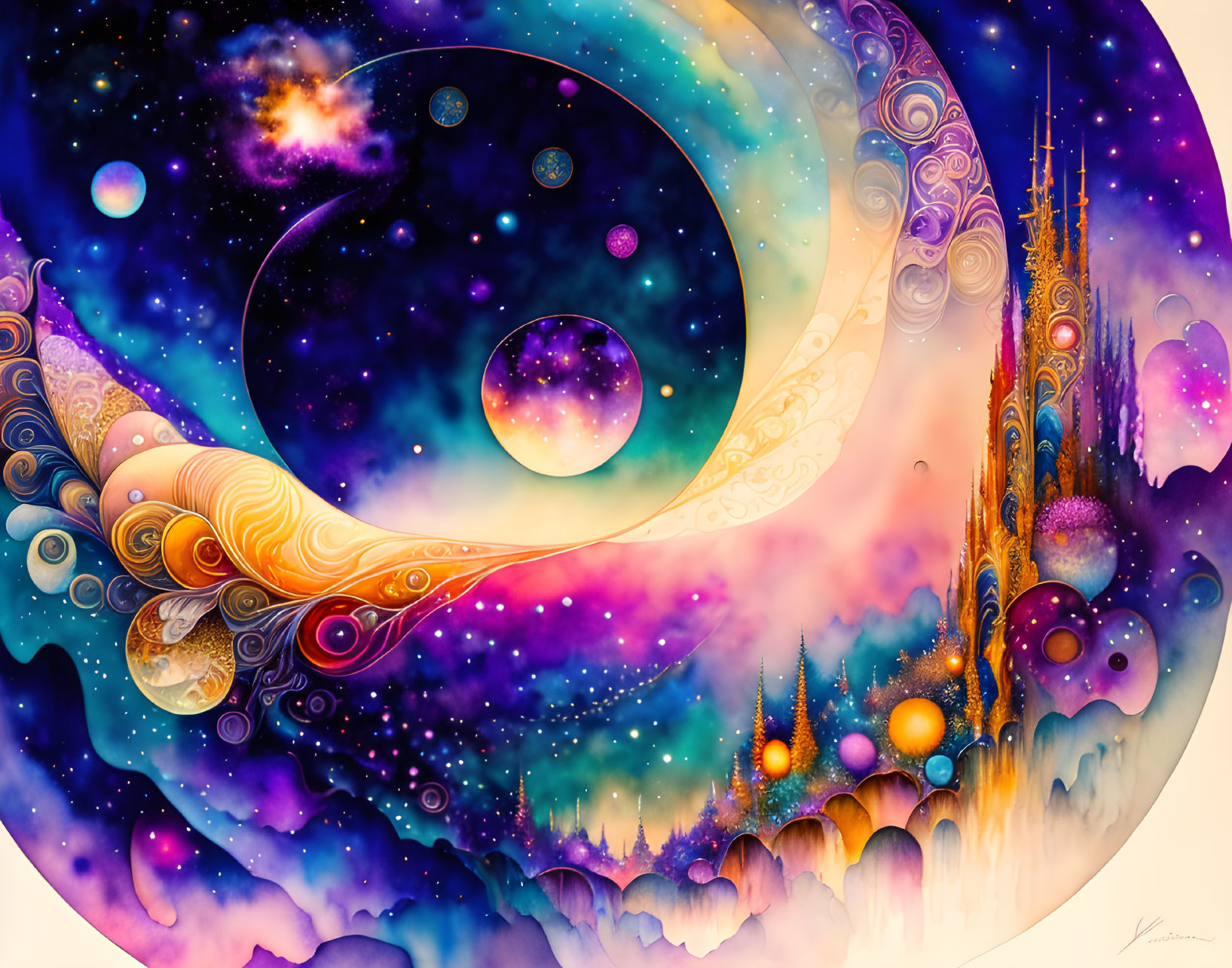 Colorful cosmic painting with swirls, stars, and celestial bodies