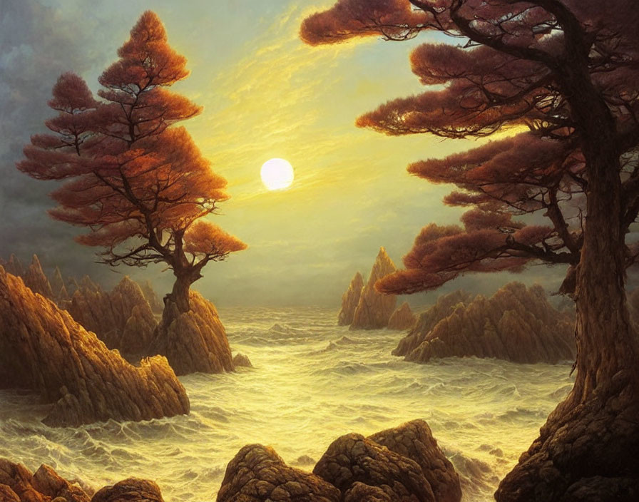 Tranquil sunset over stormy sea with trees on rocky land