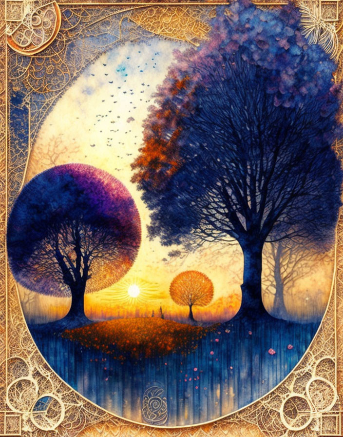 Circular landscape with vibrant sunset, three trees, birds, and decorative borders.