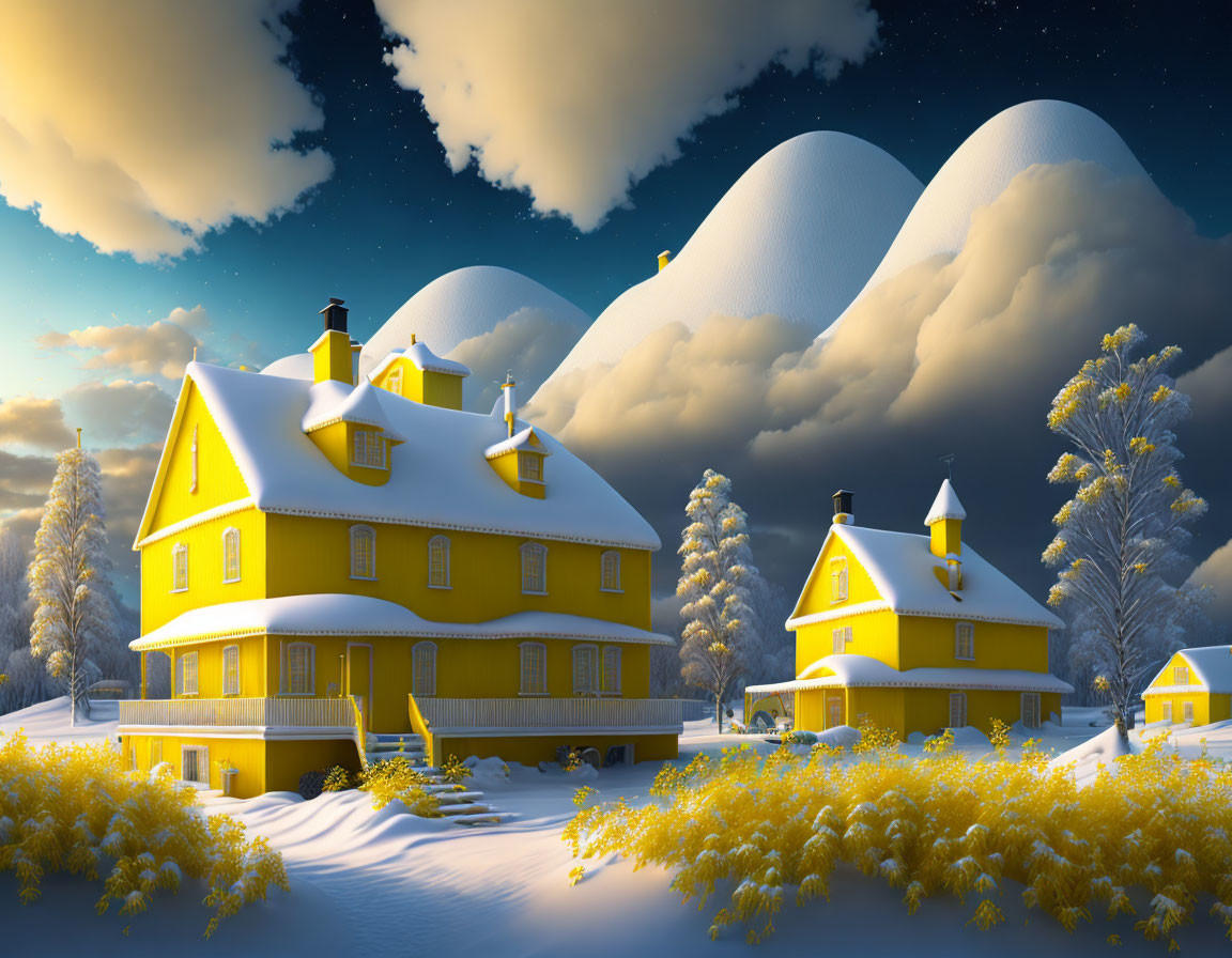 Yellow Houses in Snowy Winter Landscape under Blue Sky