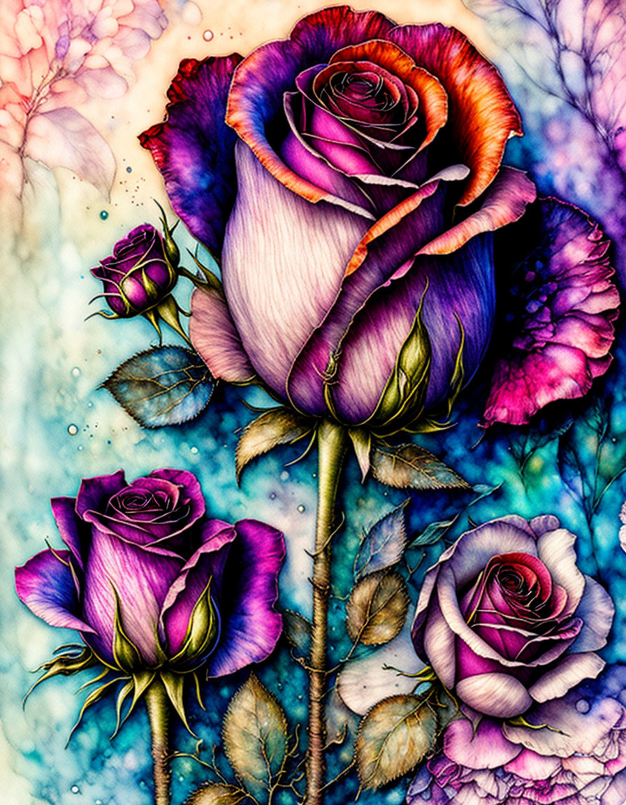 Vibrant rose illustration in purple, pink, and red hues on textured blue background