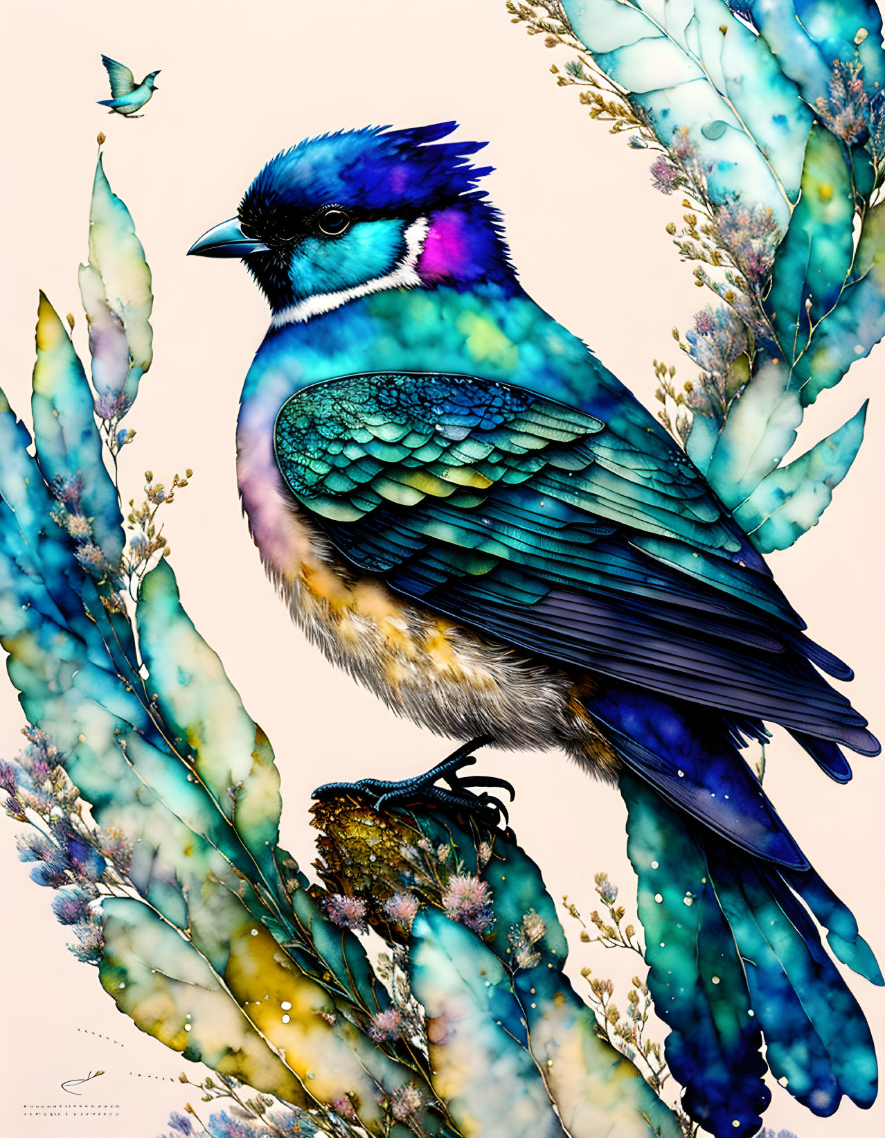 Colorful Bird Illustration with Butterfly and Floral Background