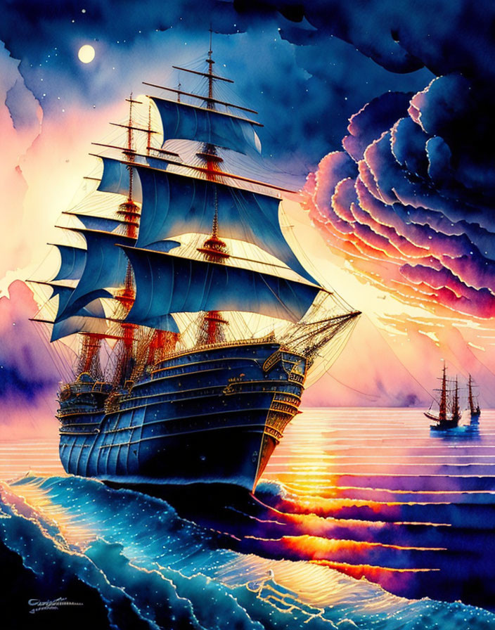 Majestic sailing ship at sunset with full sails on the ocean