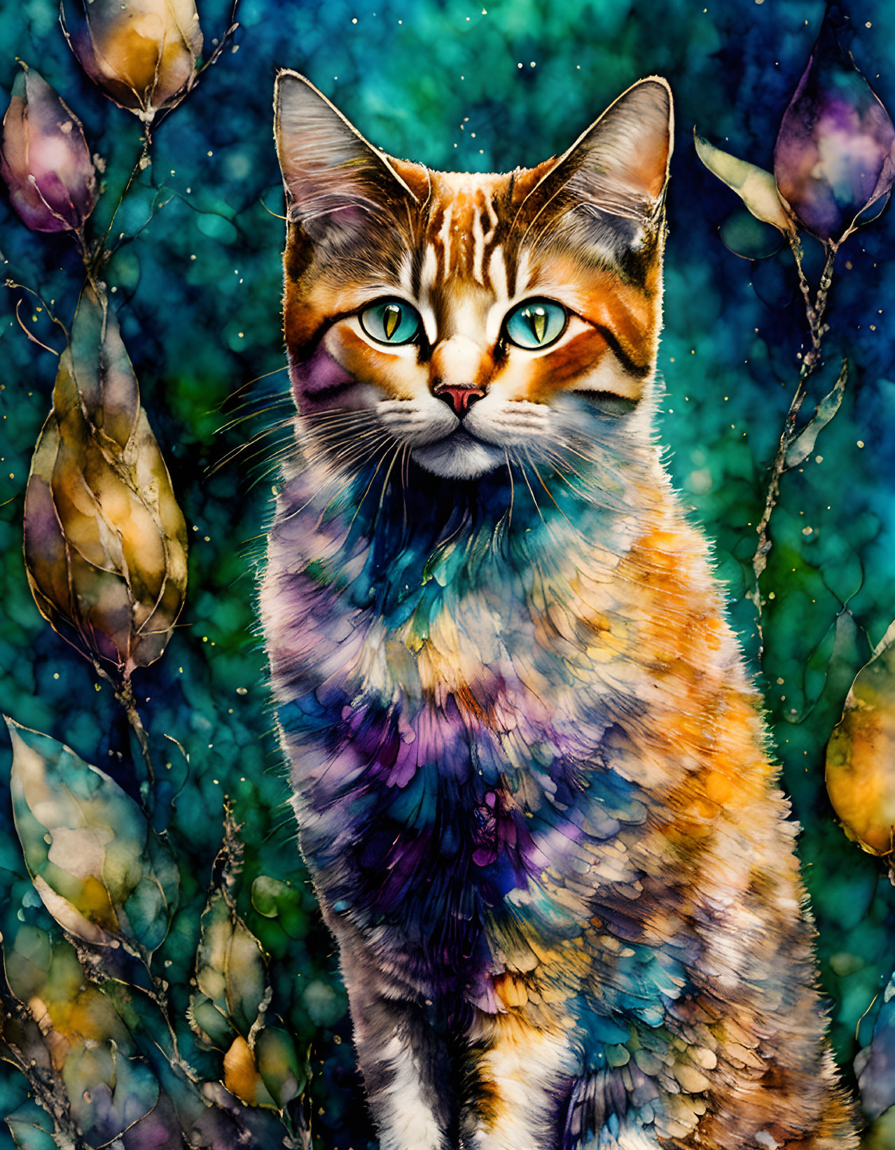 Colorful Cat Artwork with Green Eyes and Abstract Mosaic Pattern