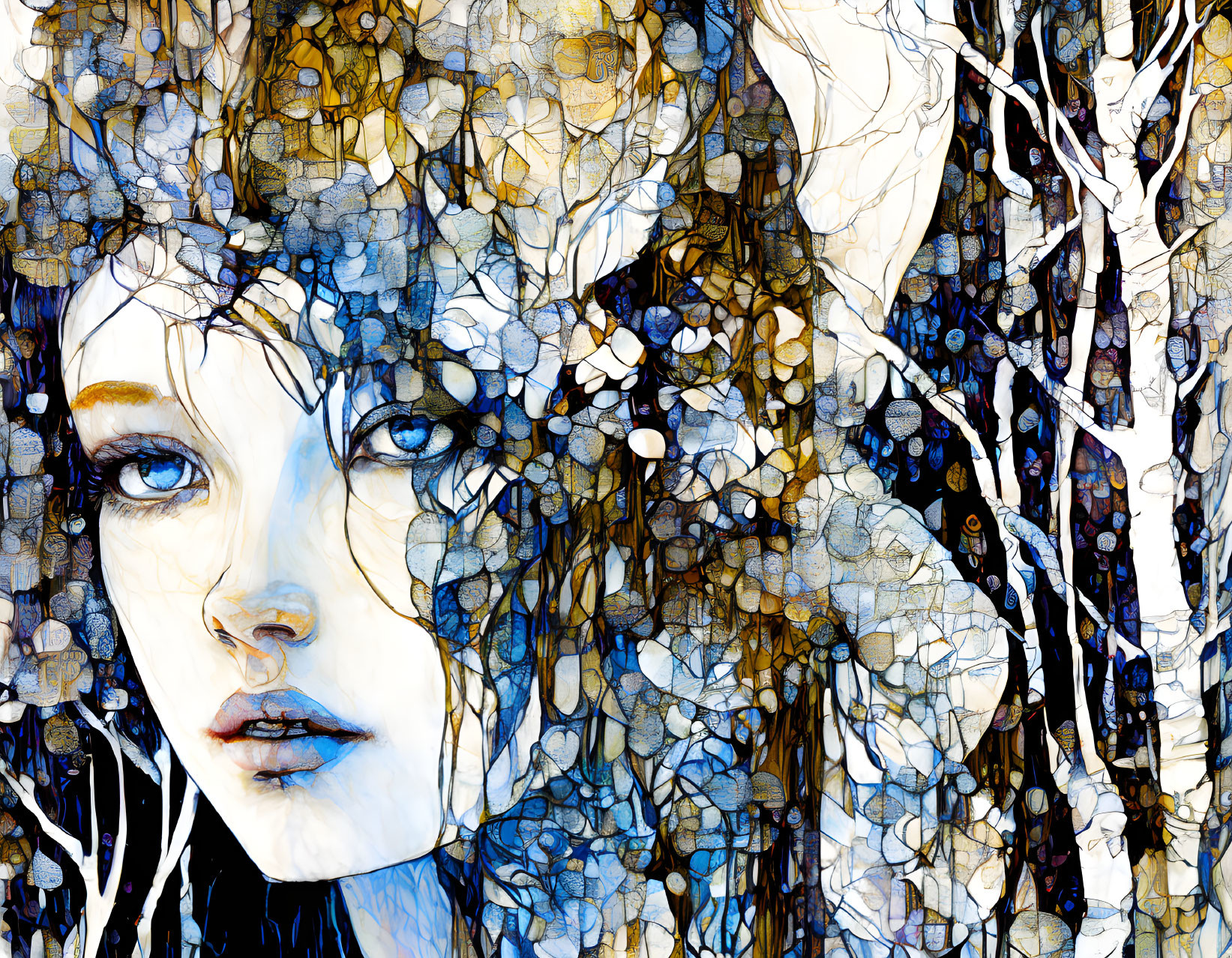 Colorful mosaic artwork: Melancholic female face intertwined with tree branches