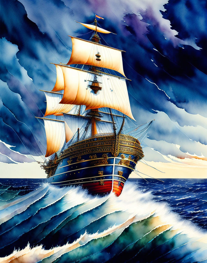 Illustrated tall ship with full sails on tumultuous ocean waves