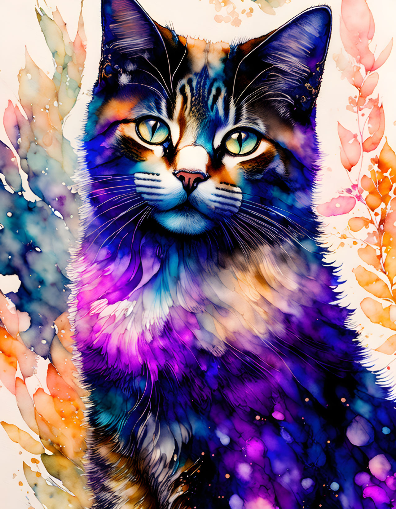 Colorful Cat Illustration with Blue, Purple, and Orange Floral Background