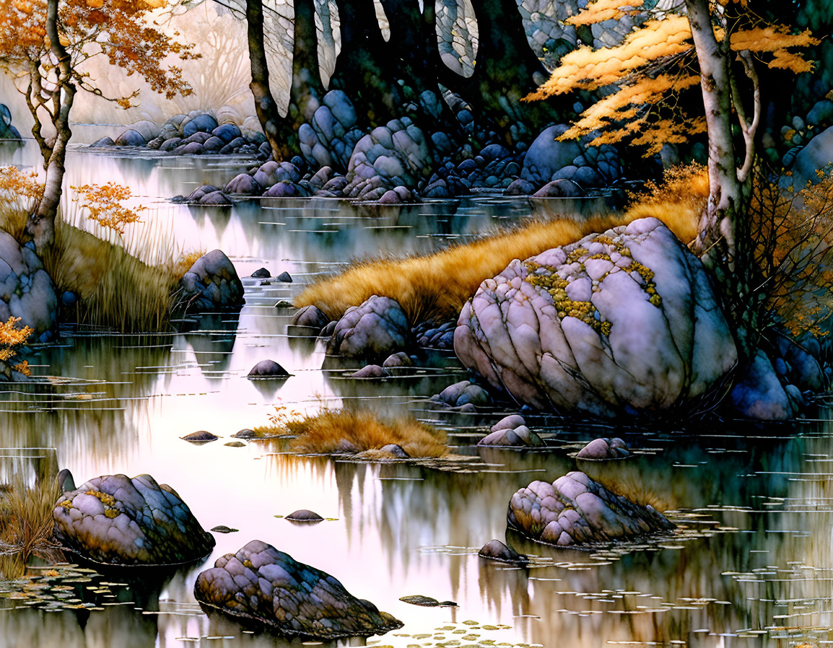 Tranquil autumn river with moss-covered rocks and golden tree reflections