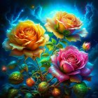 Colorful Roses Against Cosmic Starry Background