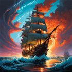 Tall ship sailing on turbulent sea under dramatic orange sky