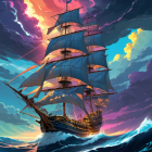 Tall ship with full sails in stormy sea under dark sky