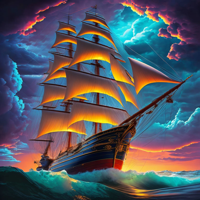 Tall ship with illuminated sails at sunset on the ocean