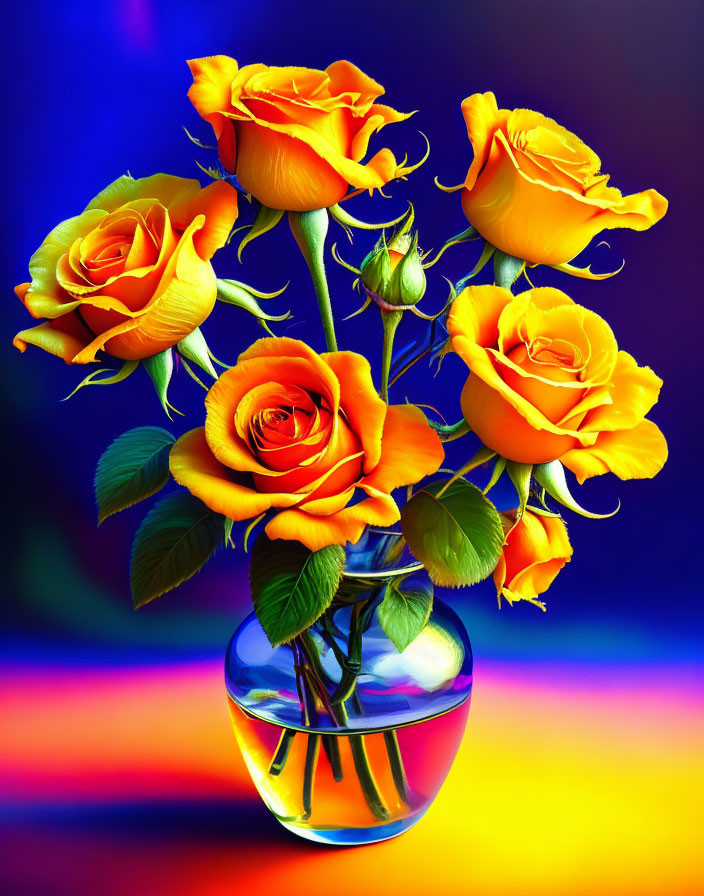 Yellow Roses in Clear Glass Vase on Colorful Background