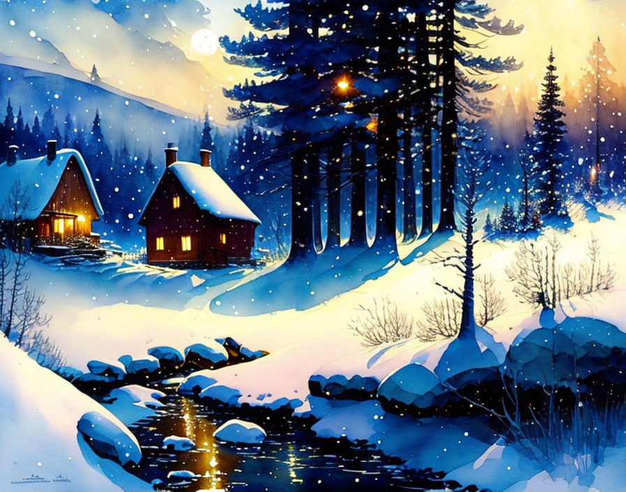 Snowy forest cabins by river with warm glowing lights