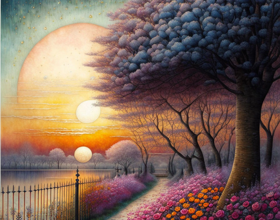 Colorful painting of blooming tree, dual suns, and serene lake landscape.