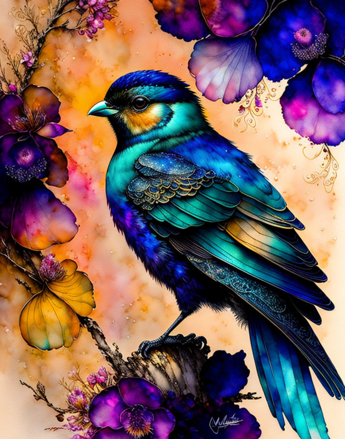 Colorful Blue Bird Illustration Among Vibrant Flowers