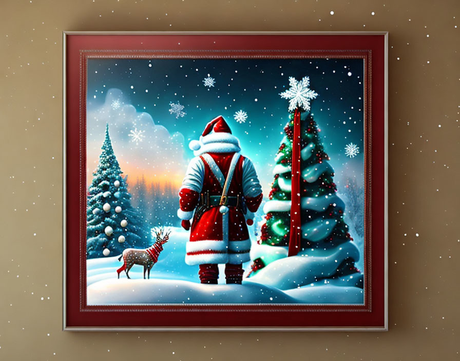 Framed Santa Claus painting in snowy landscape