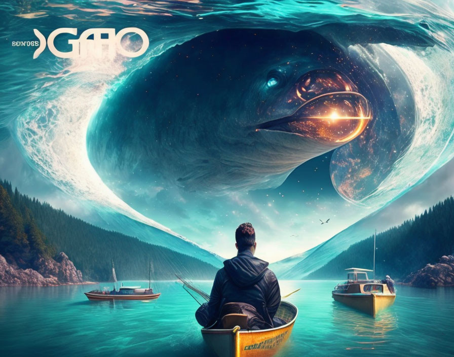 Person in boat views giant leaping whale over ocean portal in surreal scene