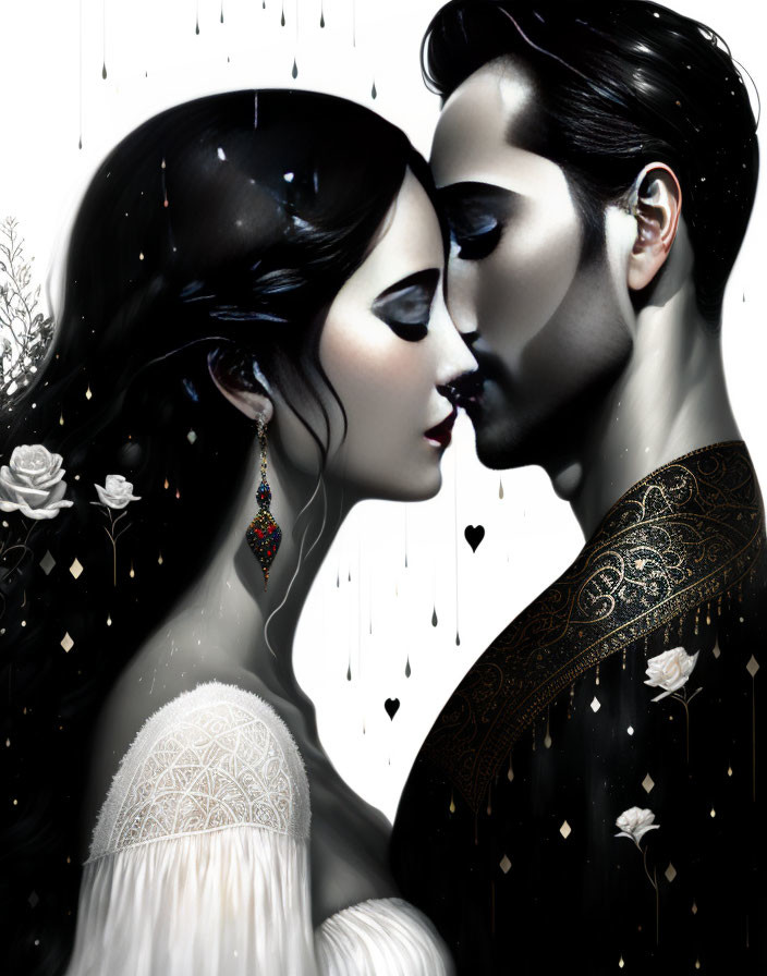 Stylized illustration of couple in romantic, gothic setting