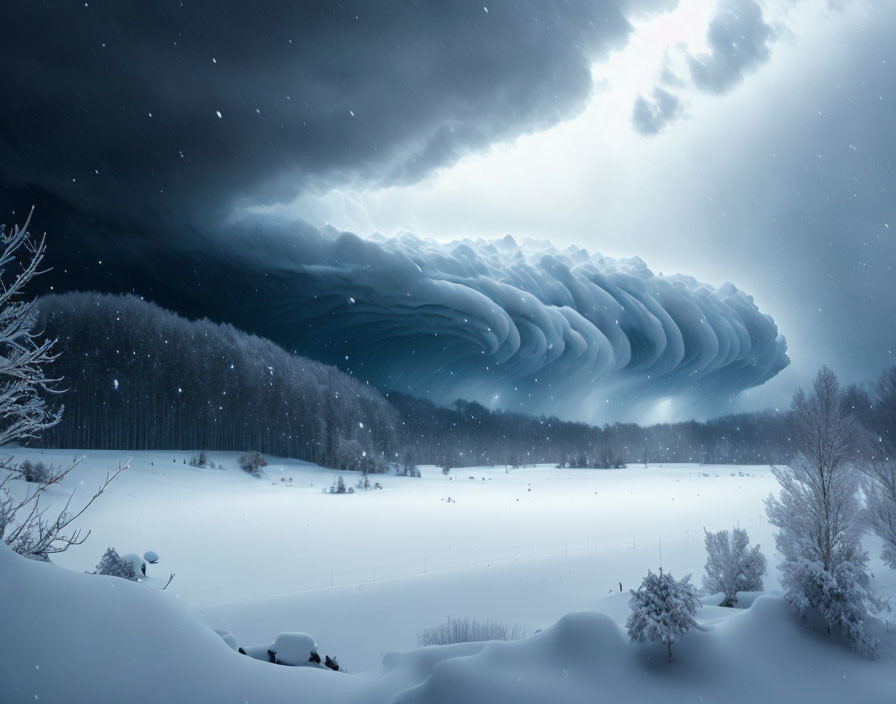 Winter landscape with shelf cloud, trees, falling snowflakes & stormy sky