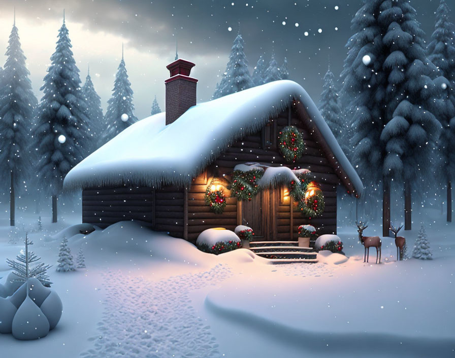 Snow-covered wooden cabin with festive wreaths in pine forest landscape