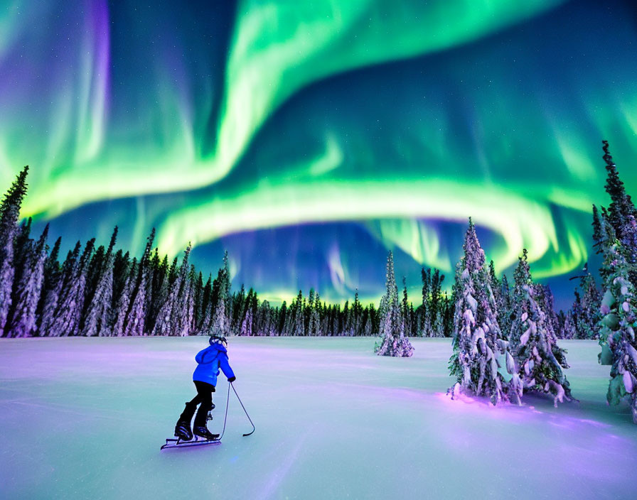 Nighttime snowshoeing under vibrant aurora borealis and snow-covered trees