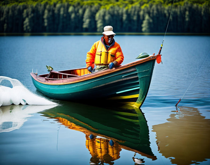 Person fishing from small boat on calm lake with forest background