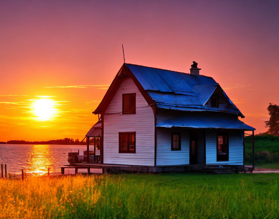 White House with Blue Roof Overlooking Lake at Sunset