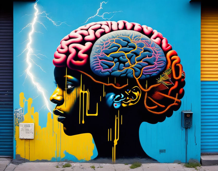 Colorful street art mural featuring a profile with exposed brain on blue background