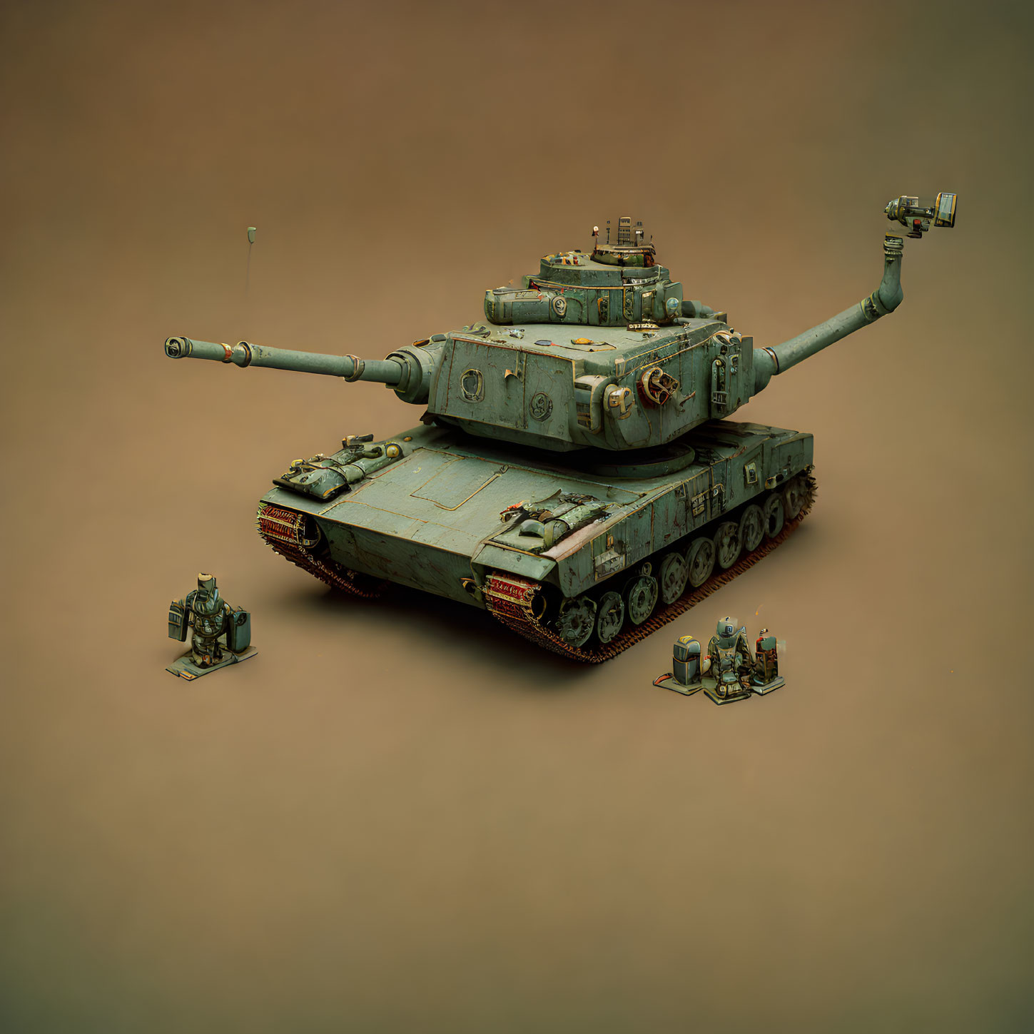 Surreal tank with multiple barrels and figures on beige background