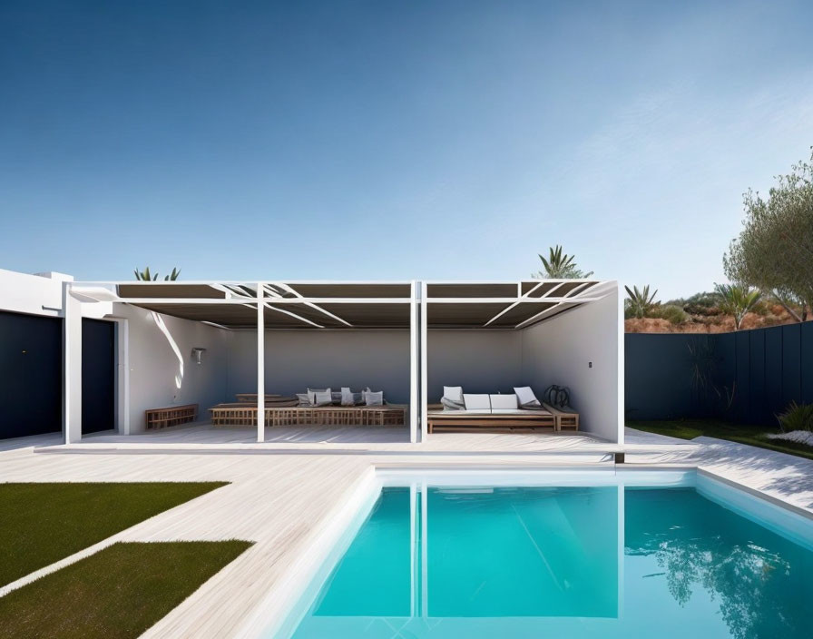 Rectangular Swimming Pool with White Patio Furniture and Pergola