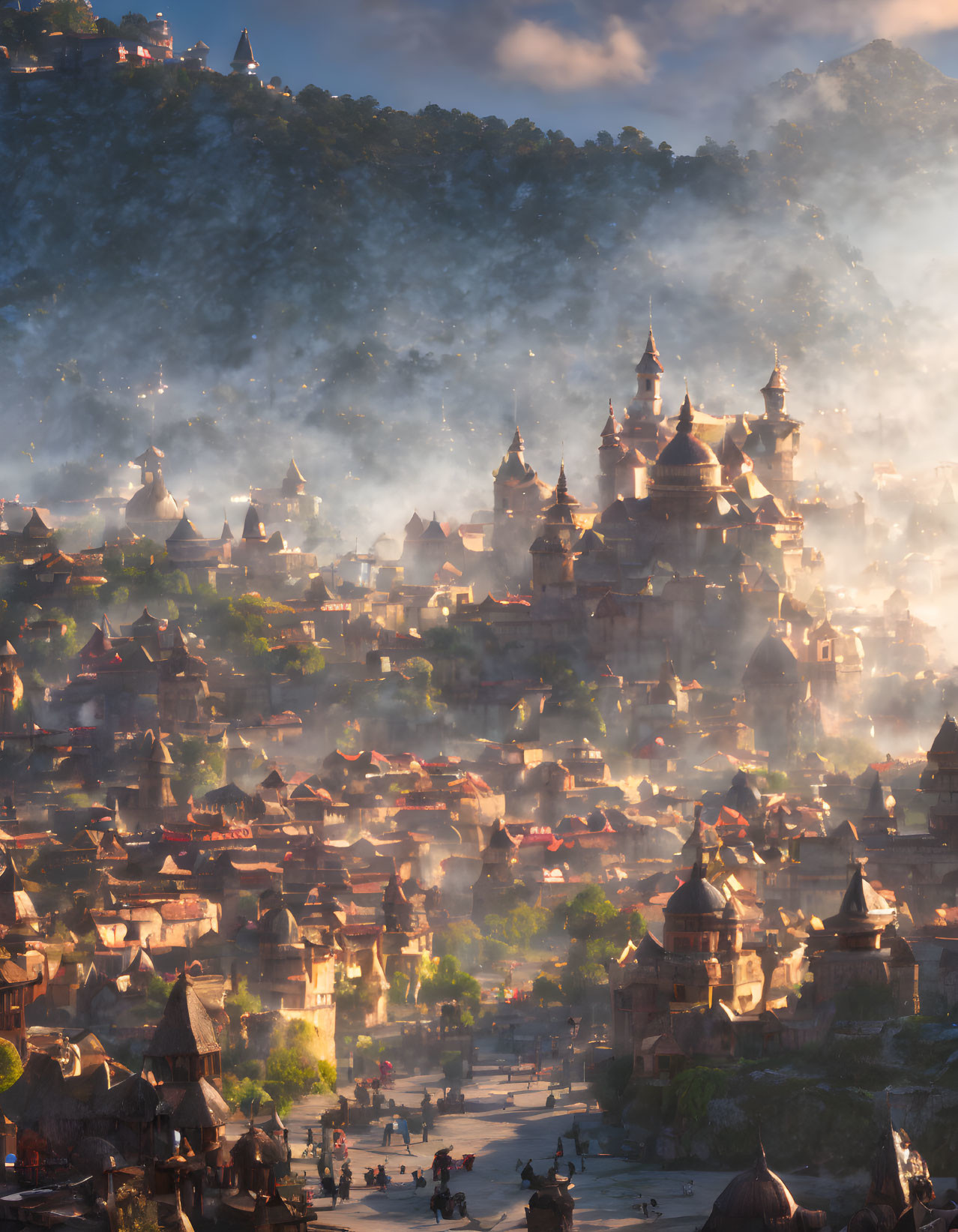 Fantastical hillside town with medieval buildings and mountains.