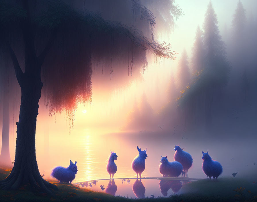 Blue fluffy creatures by serene lake in golden fog