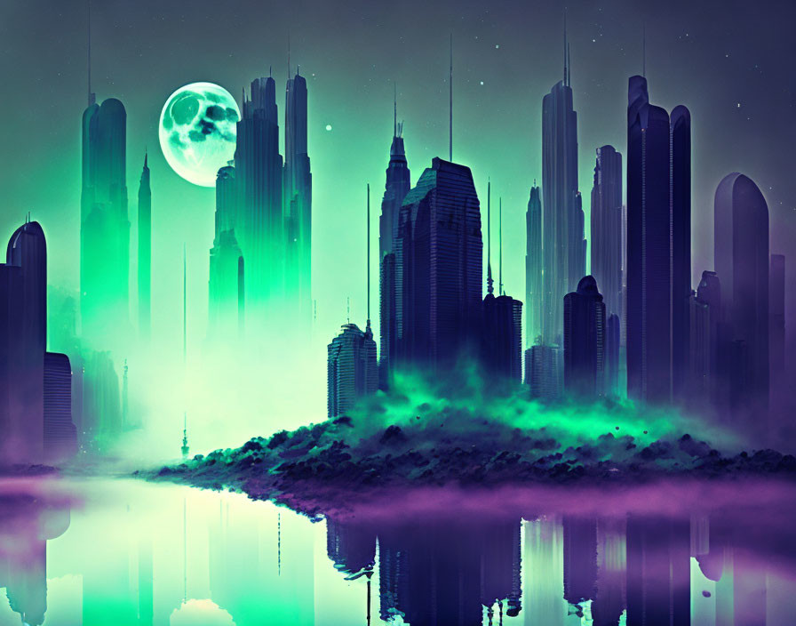 Futuristic green city skyline with towering skyscrapers at night