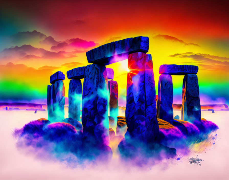 Digitally altered Stonehenge with multicolored sky & neon colors